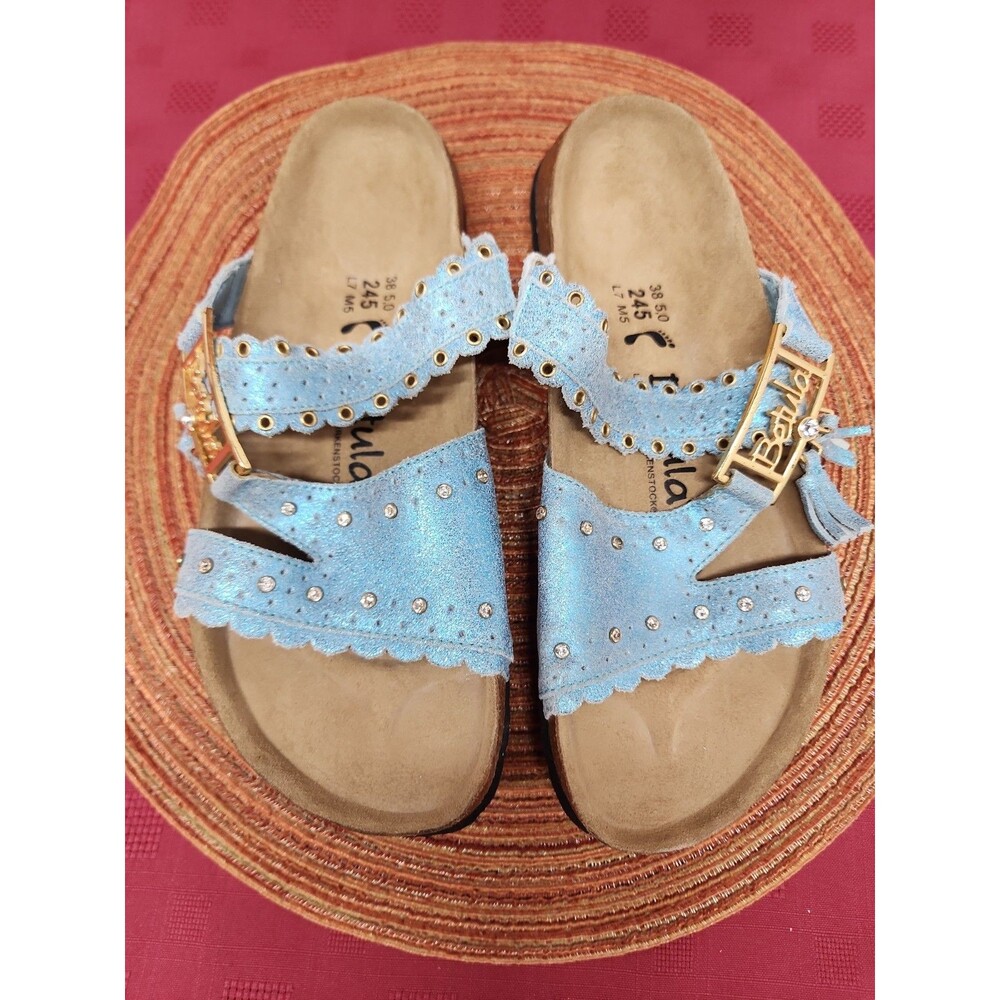 NWOB Birkenstock Betula Metallic Blue Bedazzled Distressed Leather Sandal US7